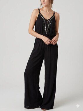 American Eagle Black Beaded Lattice Wide Leg Jumpsuit Size Small